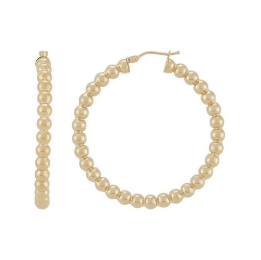 14K yellow gold beaded hoop earrings.