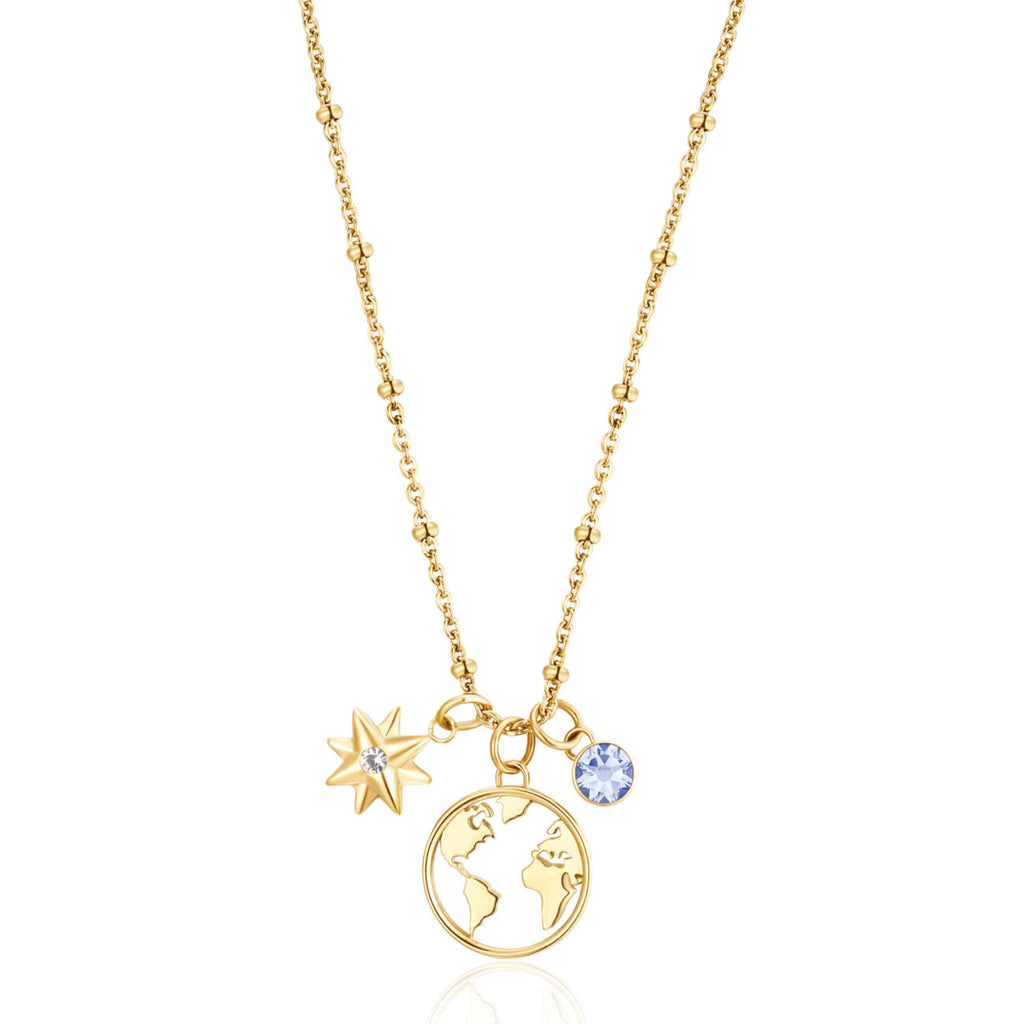 Gold necklace with star, globe, gemstone charms.