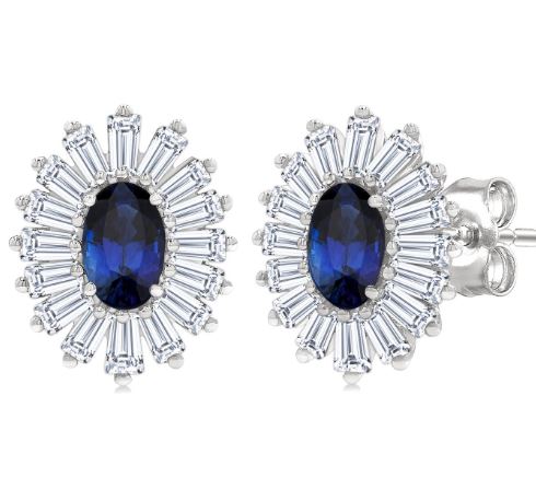 Oval sapphire earrings with baguette diamonds.