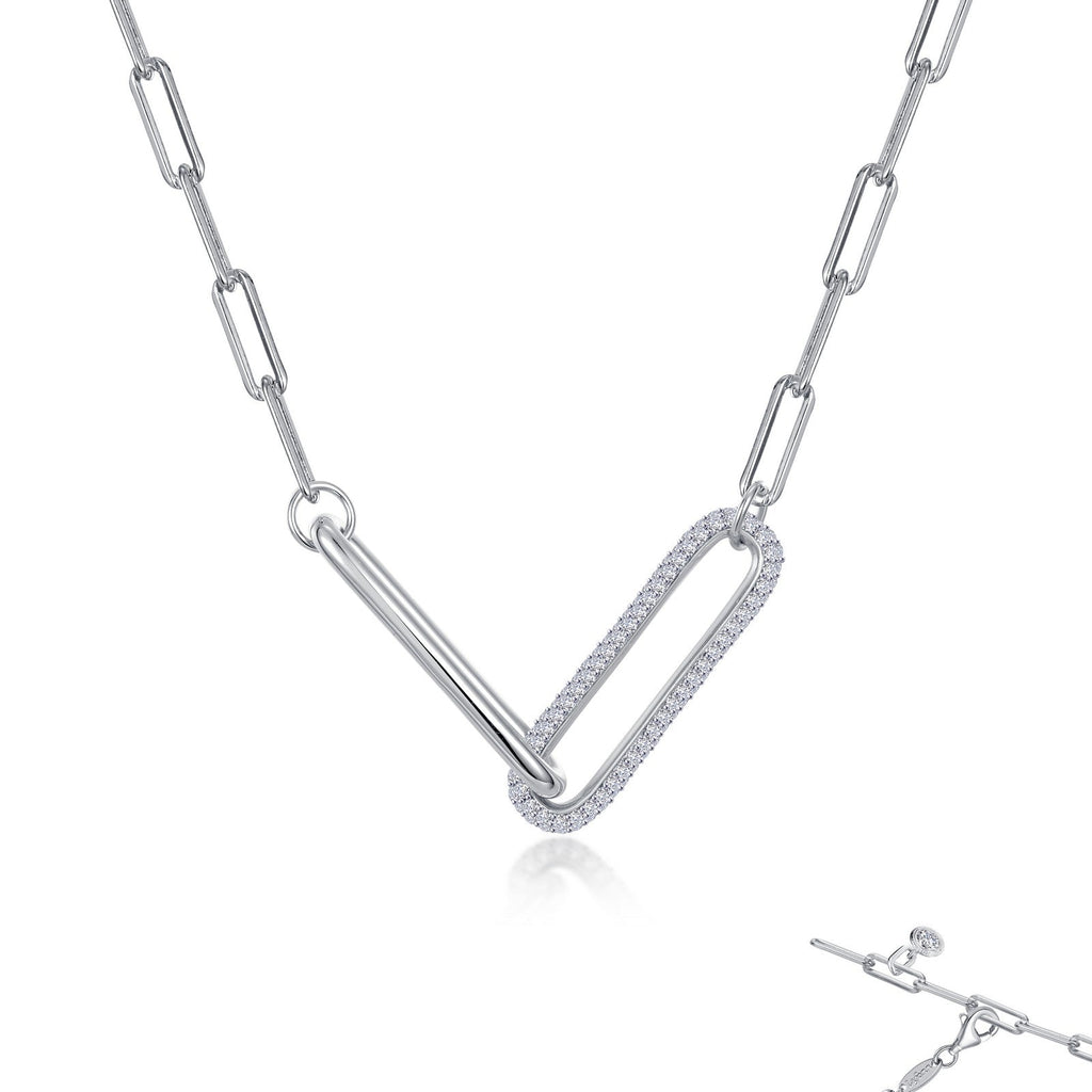 Simulated diamond paper clip necklace, platinum silver.