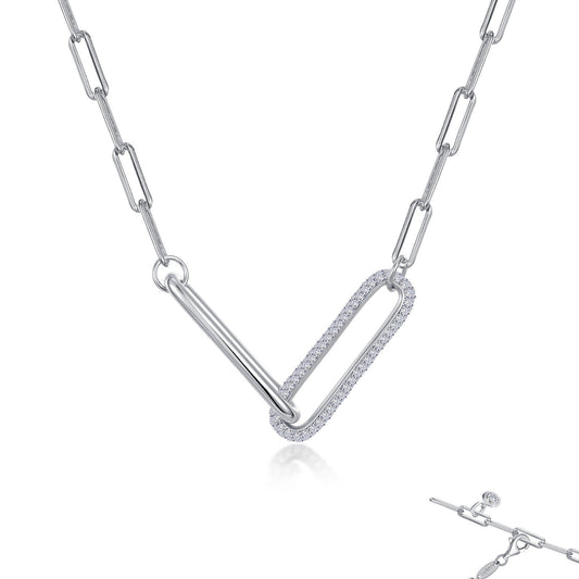 Simulated diamond paper clip necklace, platinum silver.