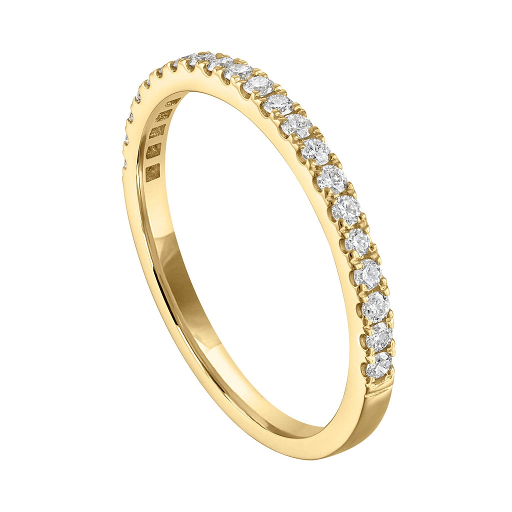 14K yellow gold band with round diamonds.