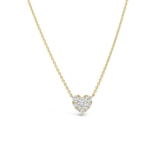 Heart-shaped diamond pendant, yellow gold chain.