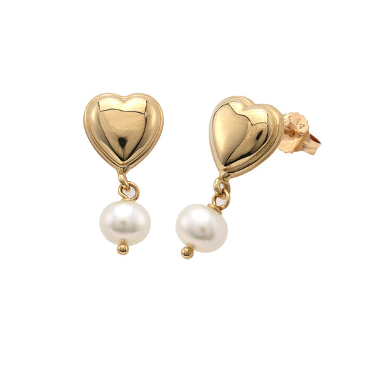 Heart-shaped gold earrings with pearls.