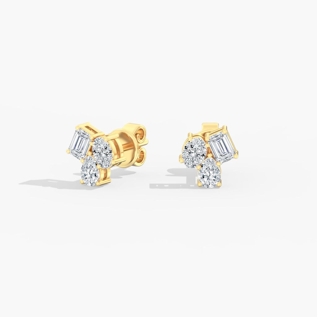 Yellow gold earrings with mixed-shape diamonds.