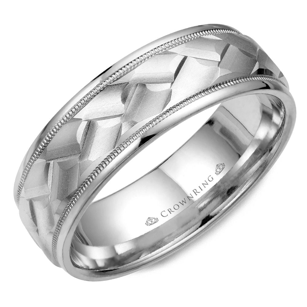 Carved 14K white gold band, geometric design.