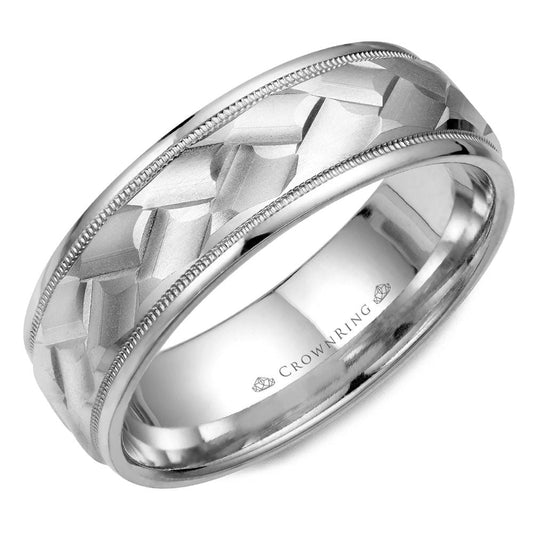 Carved 14K white gold band, geometric design.