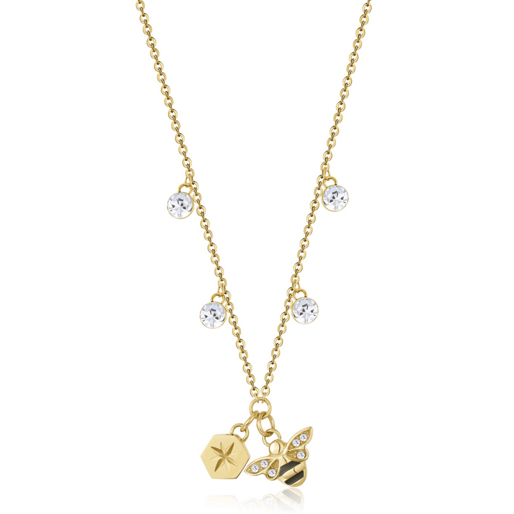 Yellow stainless steel necklace with bee pendant.