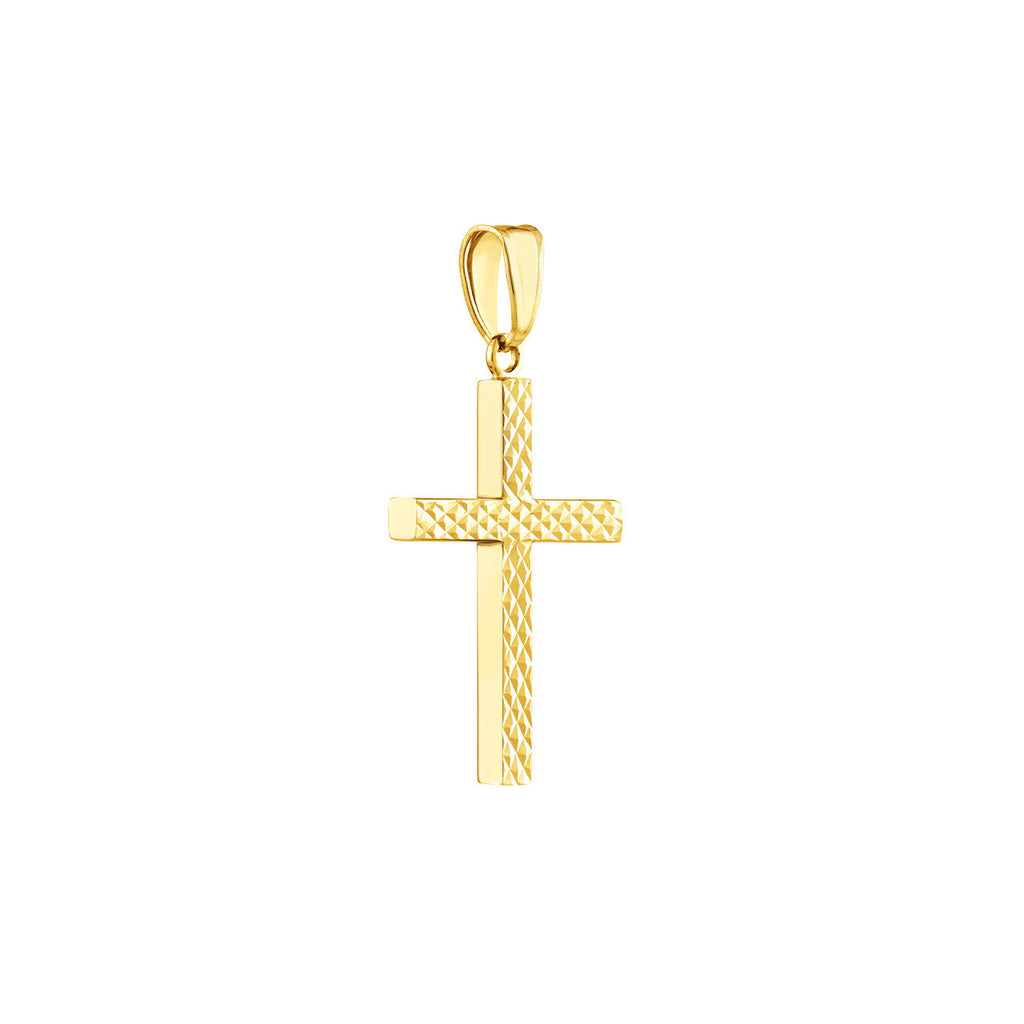Textured 14K yellow gold cross pendant.