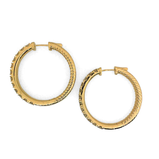 14K yellow gold diamond hoop earrings.