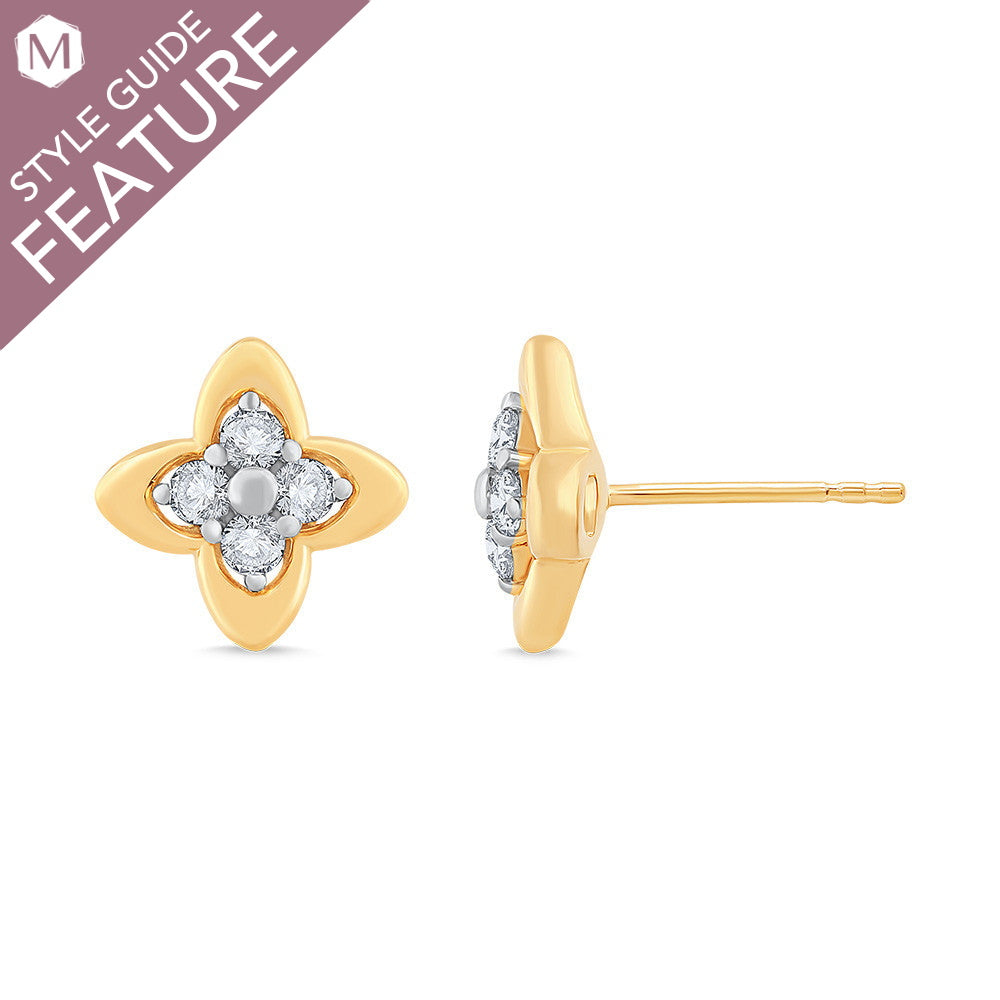 Yellow gold earrings with round diamond cluster.