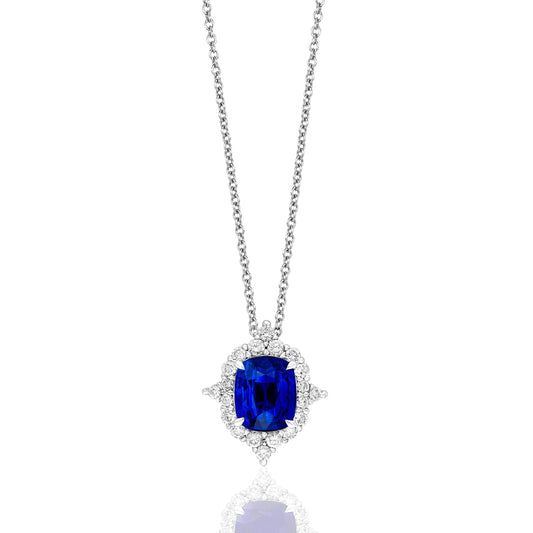 ReMARKable Designs Pendant Color Gemstone Necklace in 14 Karat White Gold with 1 Cushion Sapphire 3.01ctw