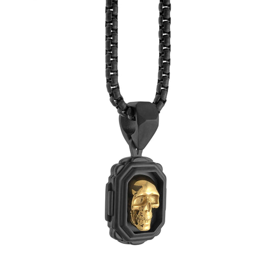 Black stainless steel necklace, gold skull pendant.