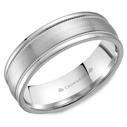14K white gold carved band, polished satin finish.