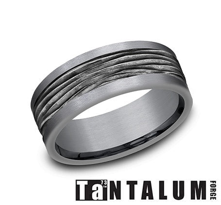 Tantalum titanium grey carved men's band.