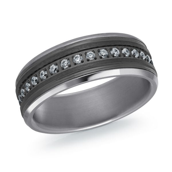 Tantalum band with black stripe, diamond accents.