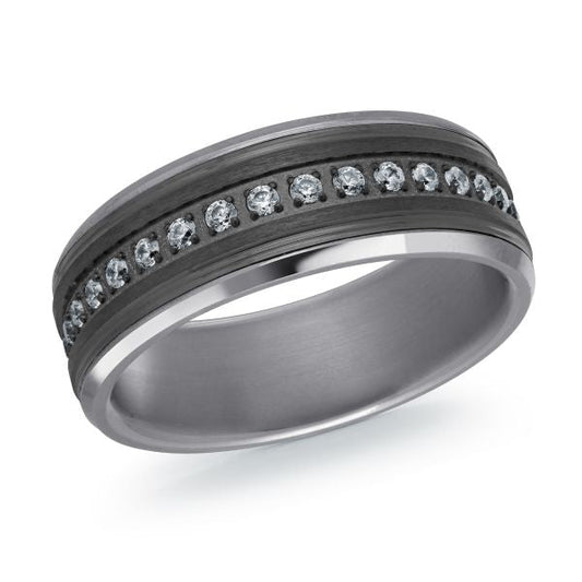 Tantalum band with black stripe, diamond accents.