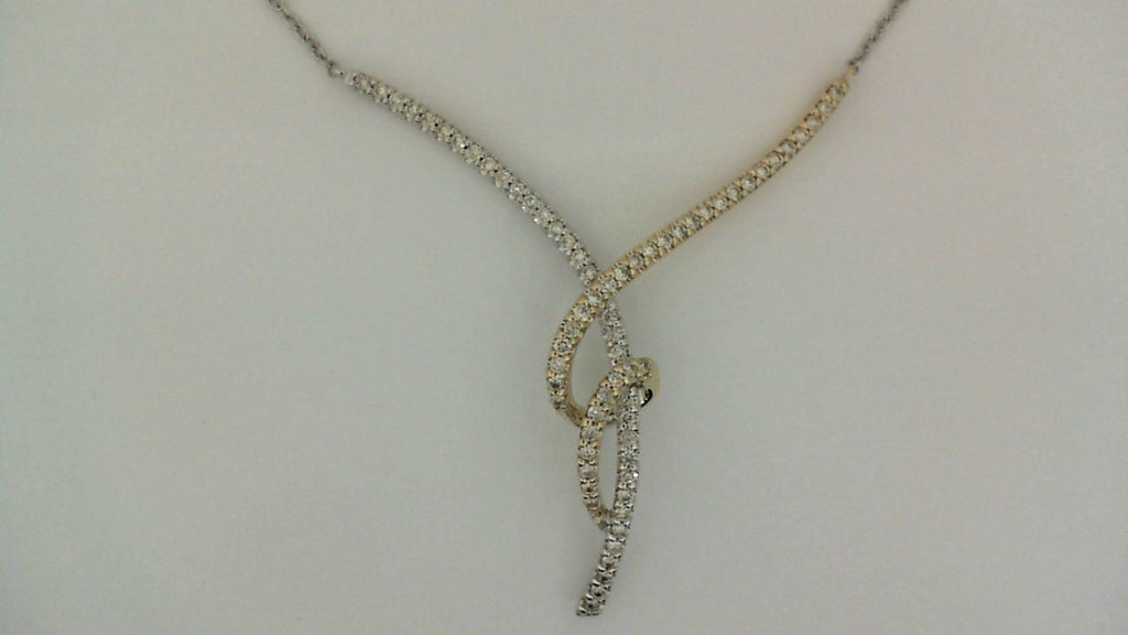 Intertwined white-yellow gold diamond necklace.