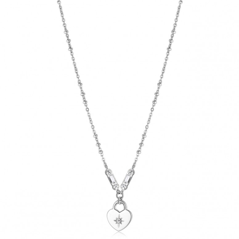 Heart pendant necklace with crystals, white stainless steel.