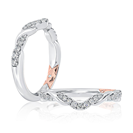 Twisted diamond band with rose gold accents.