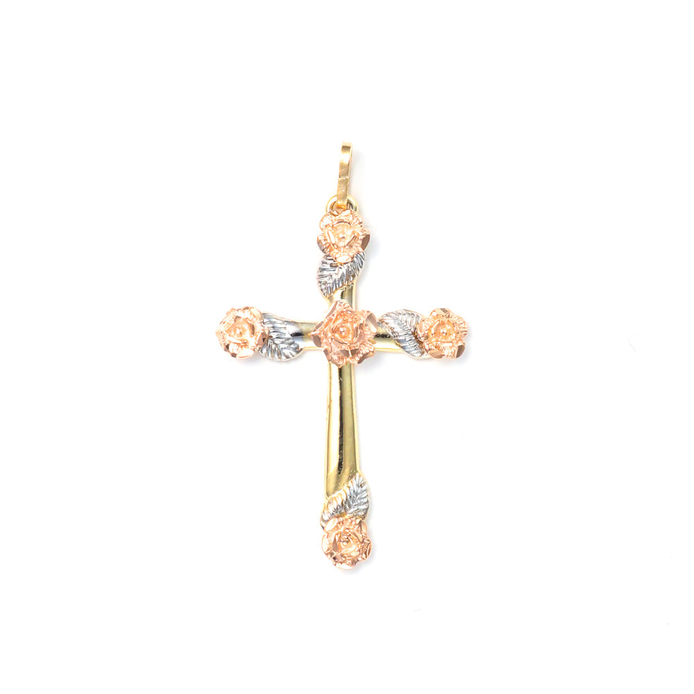 Tri-color gold cross with rose details.