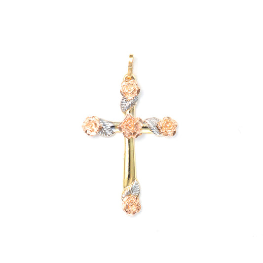 Tri-color gold cross with rose details.