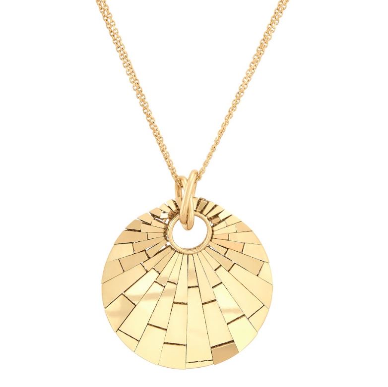 Gold sunburst pendant on cable chain.