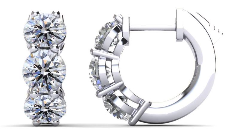 14K white gold earrings, round diamonds, hinged closure.