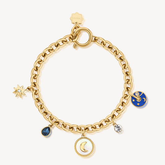 Yellow bracelet with moon, star, gemstone charms.