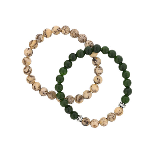 Green and beige gemstone bead bracelets.