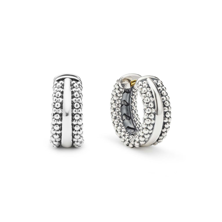 Sterling silver beaded huggie earrings, polished finish.