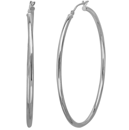 14K white polished medium hoop earrings.