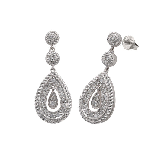 Teardrop white gold diamond earrings.