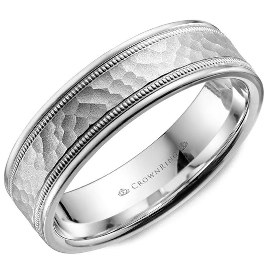 14K white gold ring, hammered texture, beaded edges.