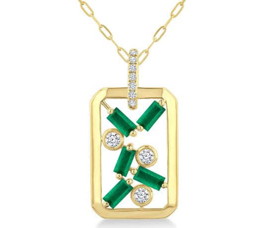 ReMARKable Designs Pendant Color Gemstone Necklace in 14 Karat Yellow Gold with 4 Baguette Emeralds 4mm