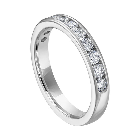 14K white gold band with round diamonds.