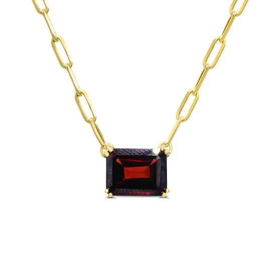 Emerald garnet pendant on paperclip chain.