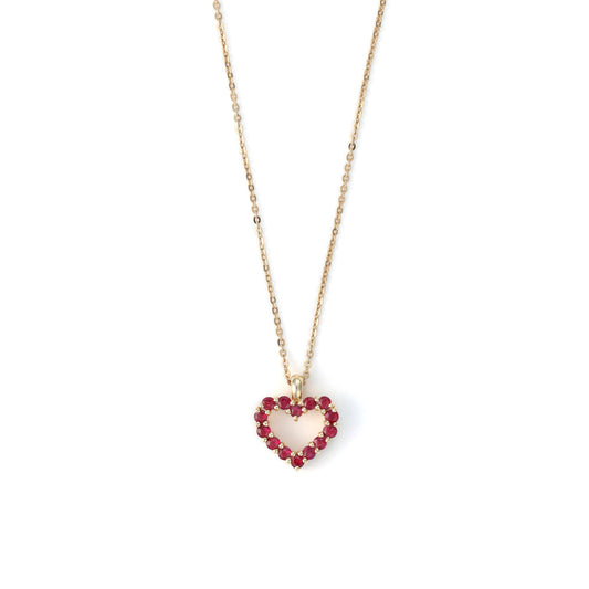 Heart-shaped ruby necklace in yellow gold.