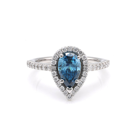 Blue pear-shaped diamond halo engagement ring.