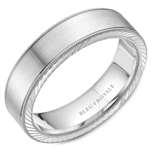 14K white gold band, carved, satin finish.