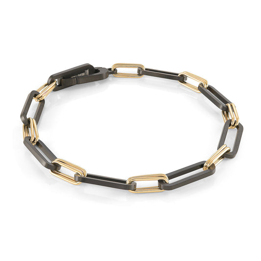 Stainless steel bracelet with gold accents.