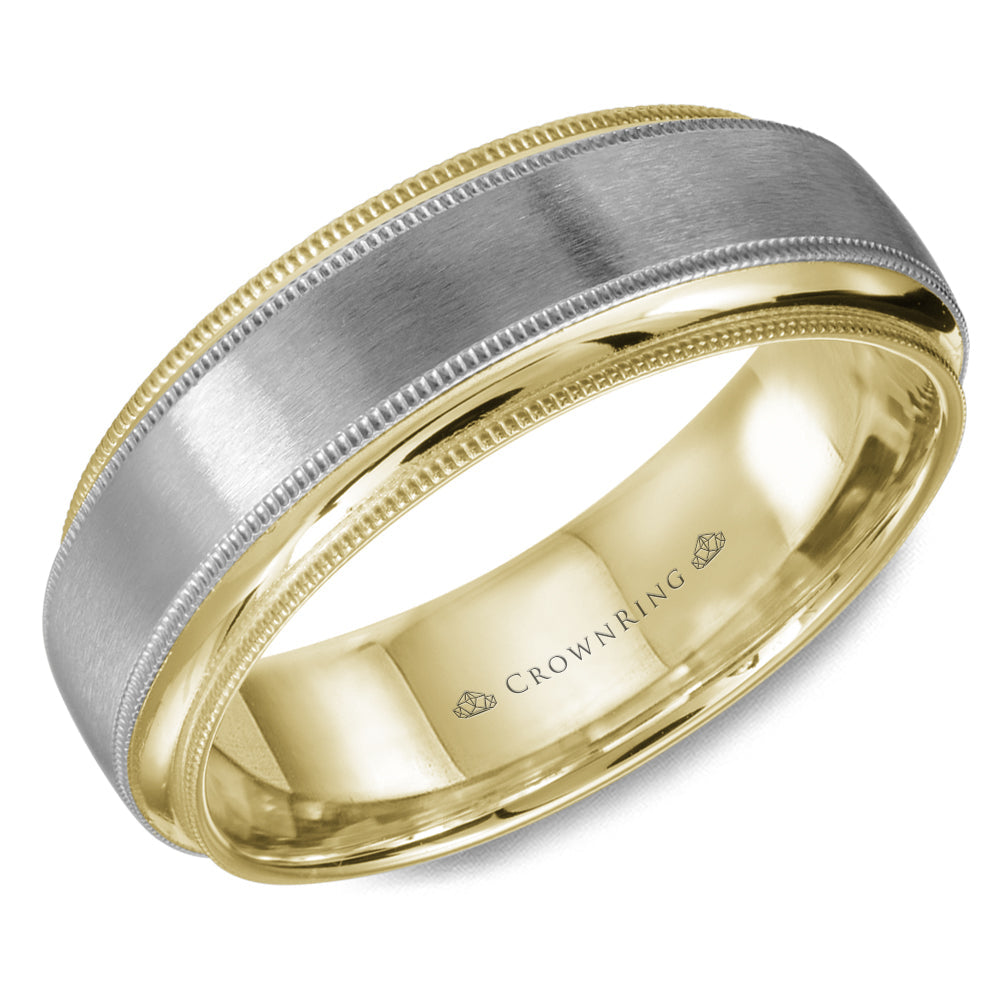 14K white-yellow gold carved band, milgrain edges.
