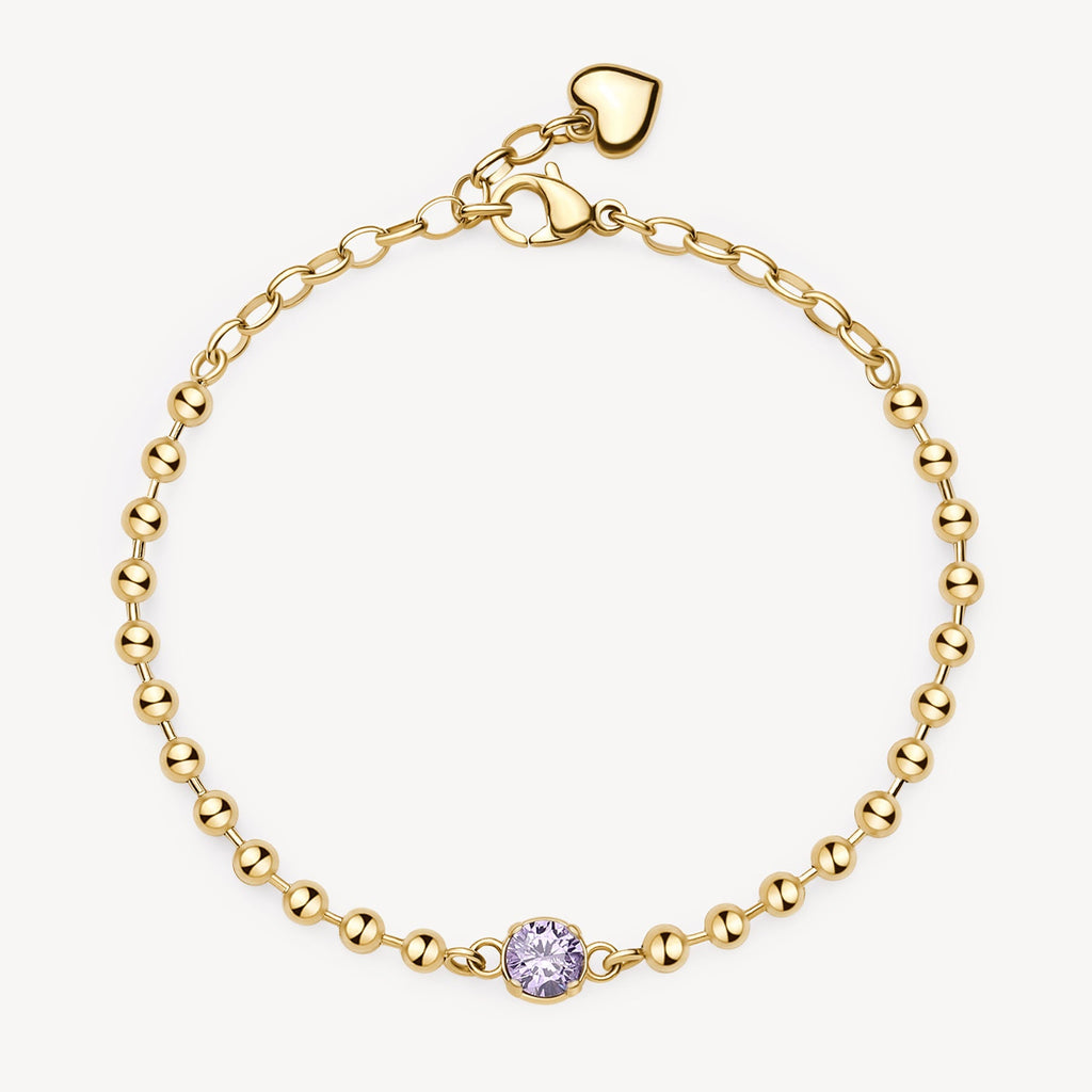 Yellow ball chain bracelet with purple gemstone.