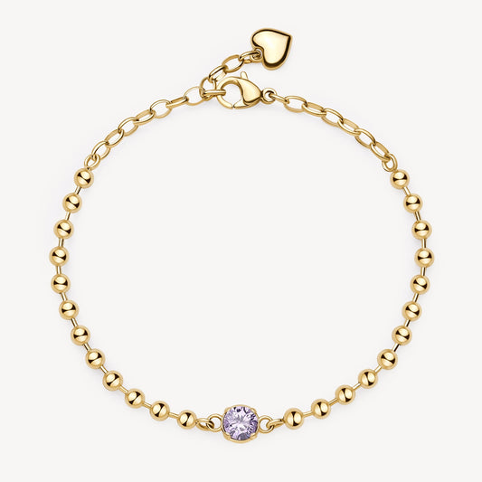 Yellow ball chain bracelet with purple gemstone.