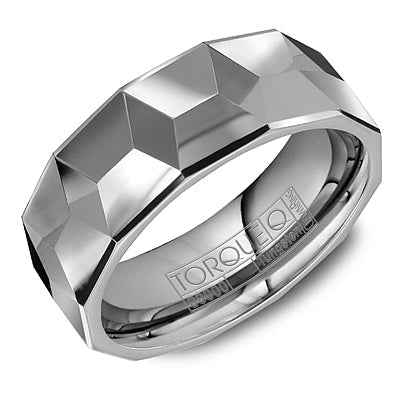 Tungsten carbide grey faceted geometric band.