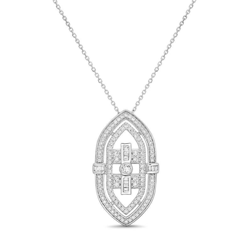 Marquise diamond pendant, white gold, intricate design.