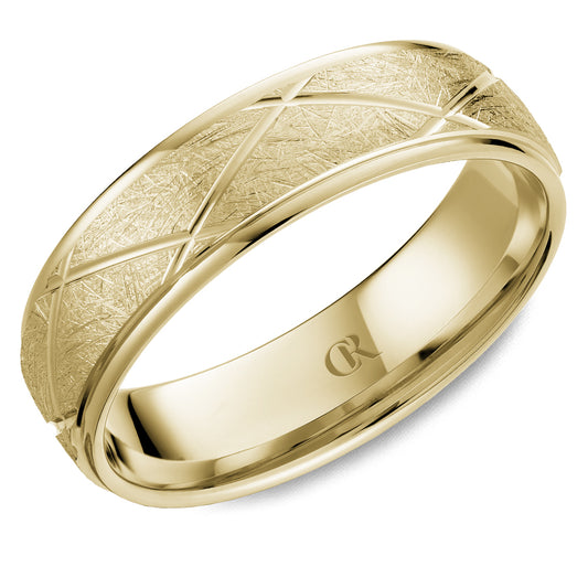 Carved 14K yellow gold band, polished finish.