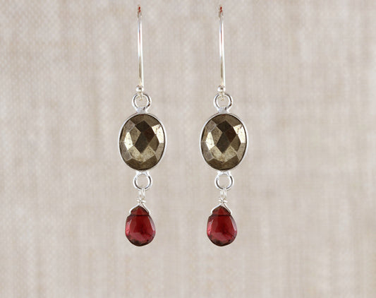 Sterling silver earrings with pyrite, garnet drops.
