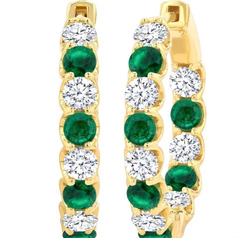 Small yellow gold hoops with emeralds, diamonds.