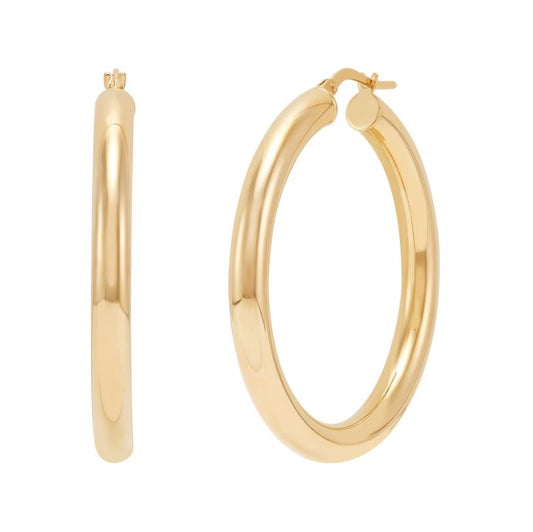 14K yellow gold large hoop earrings.